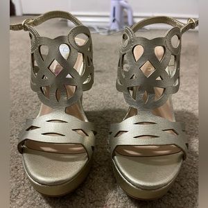 Champagne/ pale gold wedge heels, new.